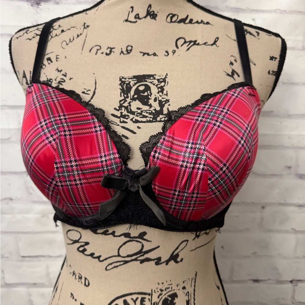 Victoria’s Secret Bra Dream Angels Lined Demi 32DD Red‎ Pink Plaid Velvet Bow